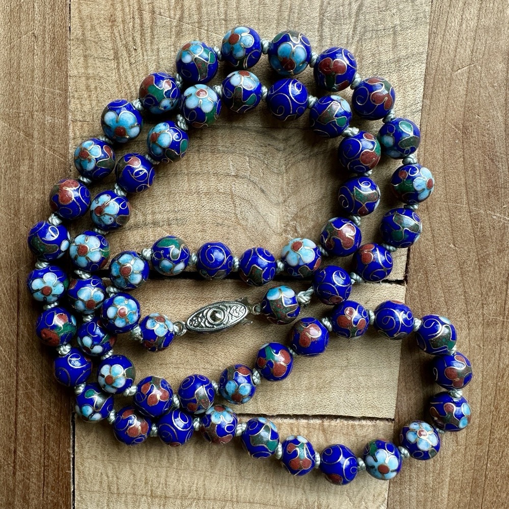 Vintage Cloisonne Beaded Necklace 22 Inch Blue Enamel Chinese Export Knotted